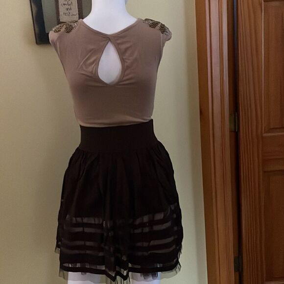 XOXO Small Brown A line Dress with Tulle Skirt - Picture 5 of 9